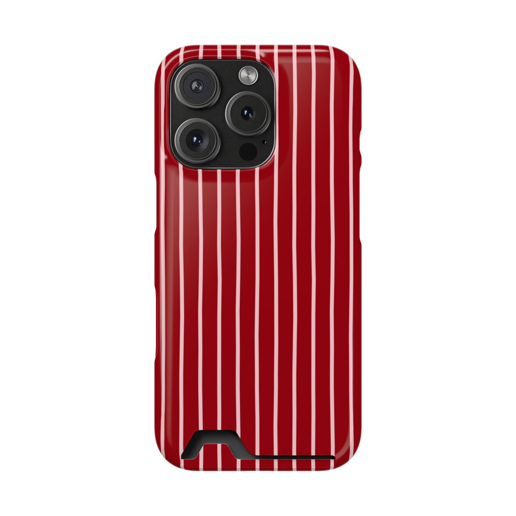 Red Pinstripe phone case with card holder for iPhone 16 Pro, glossy finish