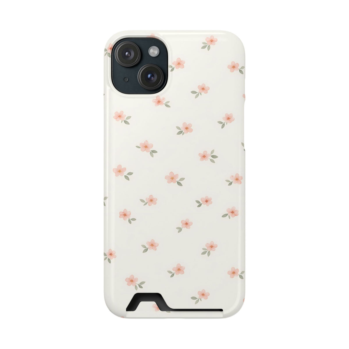 Blush Ditsy Floral phone case with card holder for iPhone 15 Plus, glossy finish