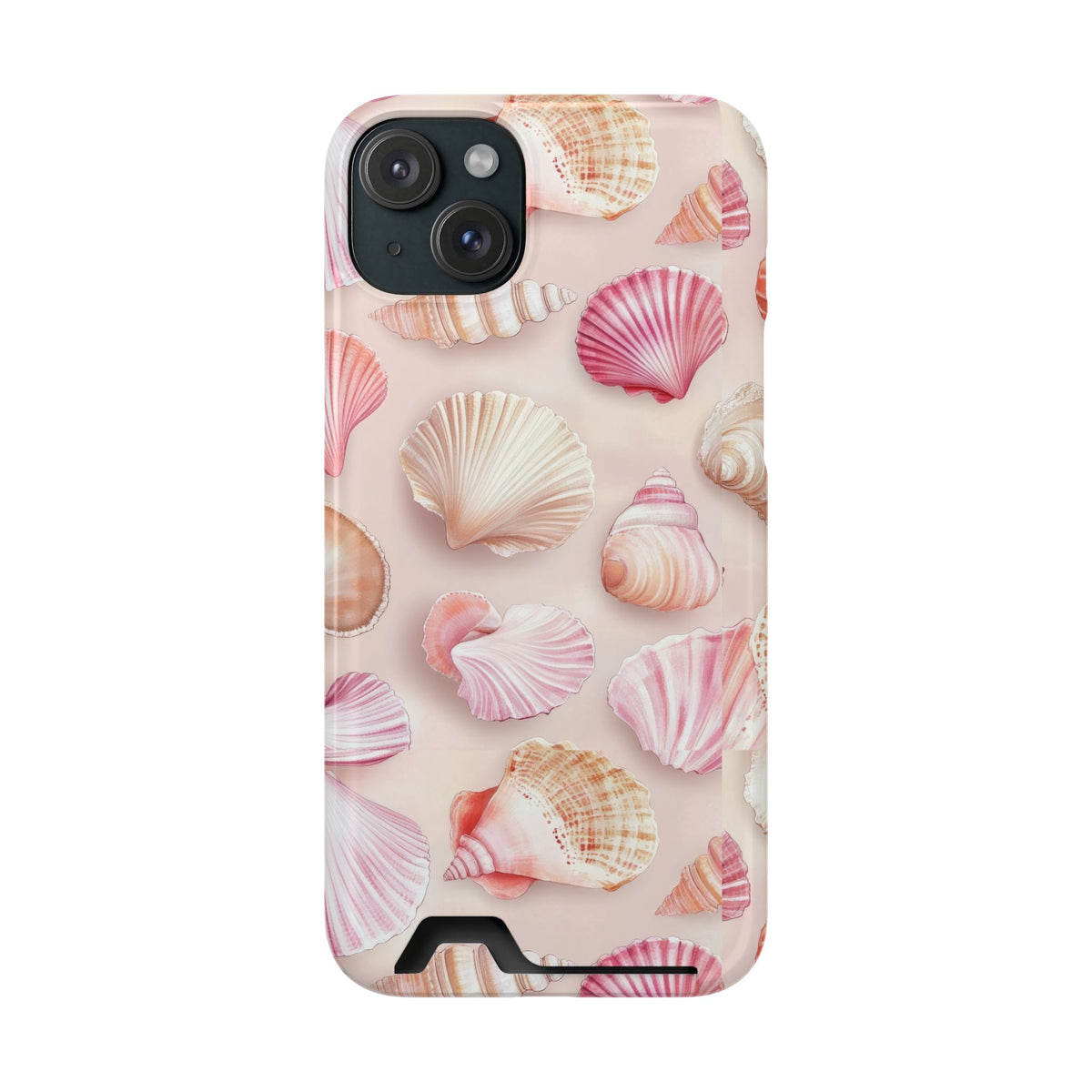 Blush Seashell phone case with card holder for iPhone 15 Plus, glossy finish