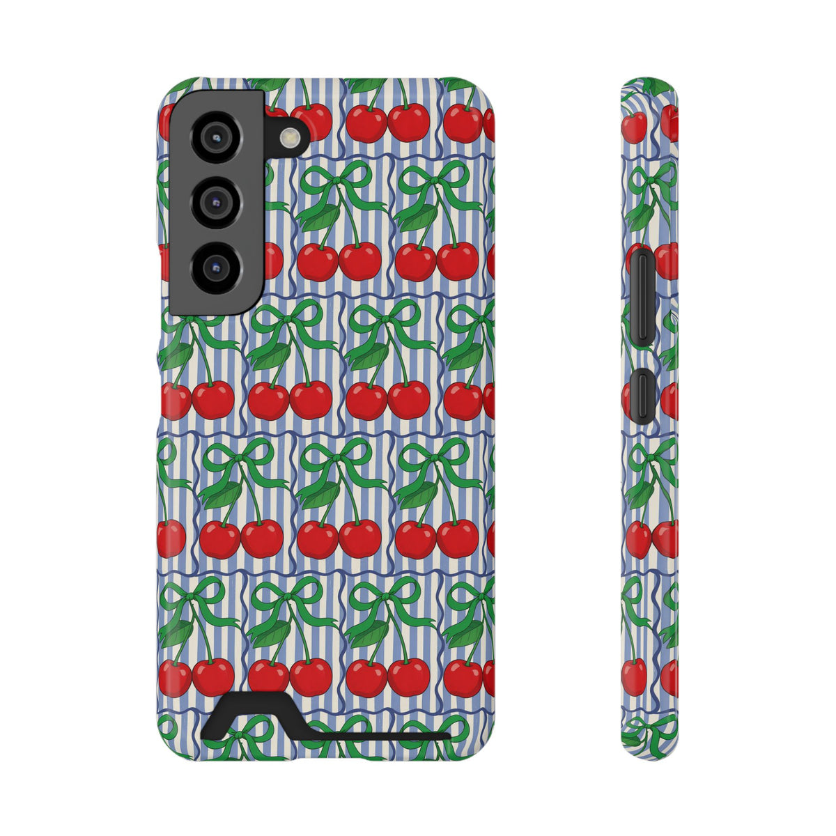 Cherry Bow Stripe phone case with card holder for Samsung Galaxy S22, glossy finish