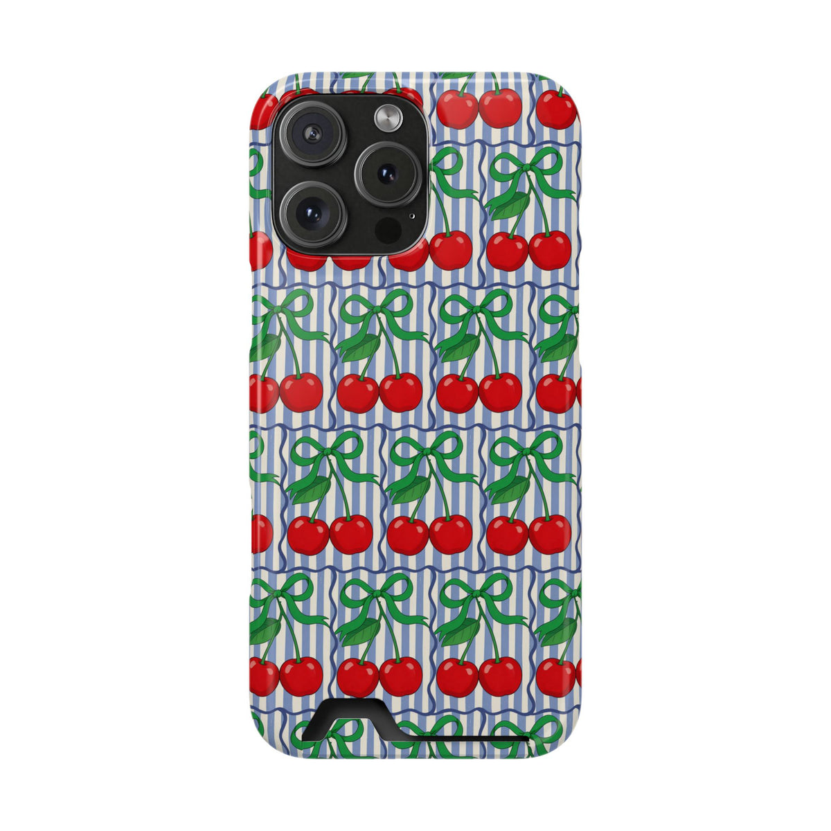Cherry Bow Stripe phone case with card holder for iPhone 16 Pro Max, glossy finish