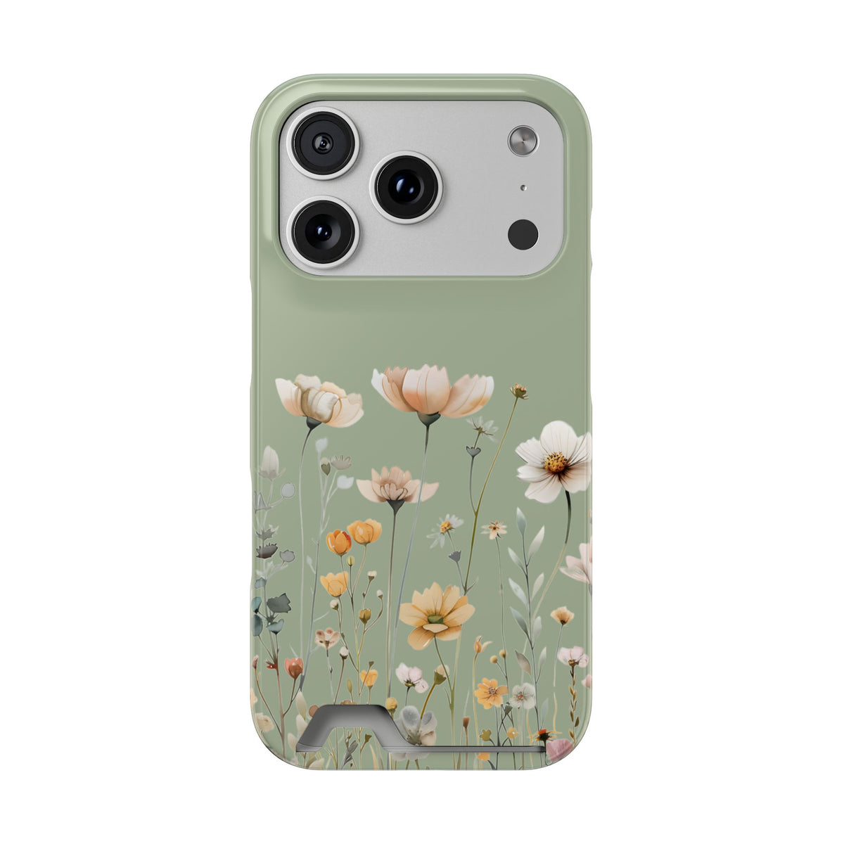 Sage Daisy phone case with card holder for iPhone 17 Pro, glossy finish