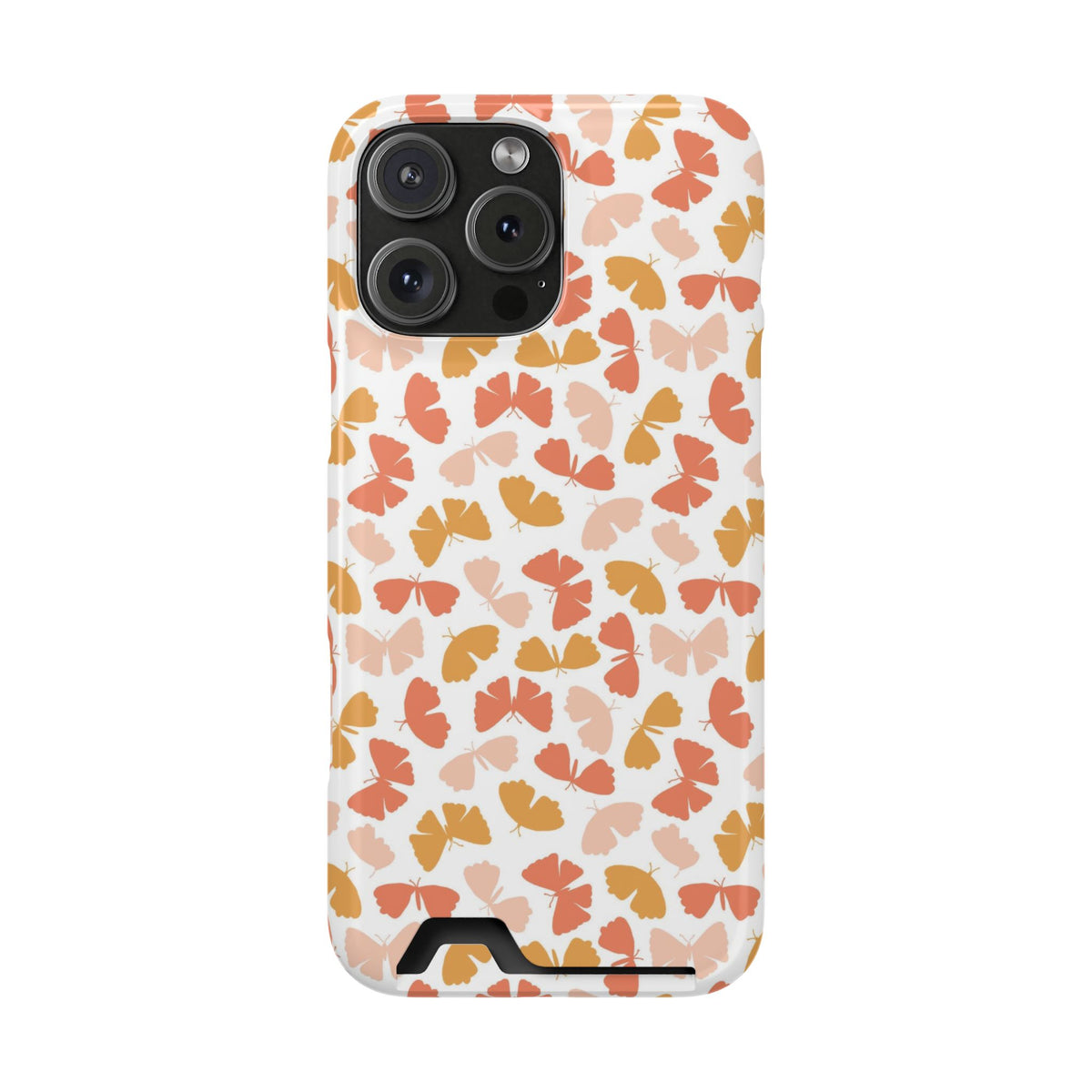 Peach Butterfly phone case with card holder for iPhone 16 Pro Max, glossy finish