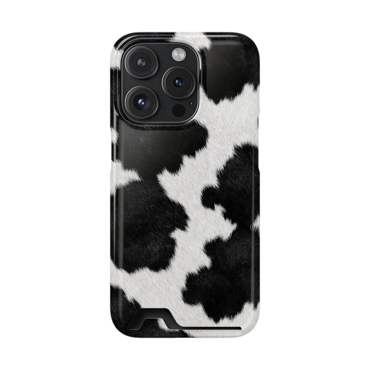Black Cow Print phone case with card holder for iPhone 15 Pro, glossy finish