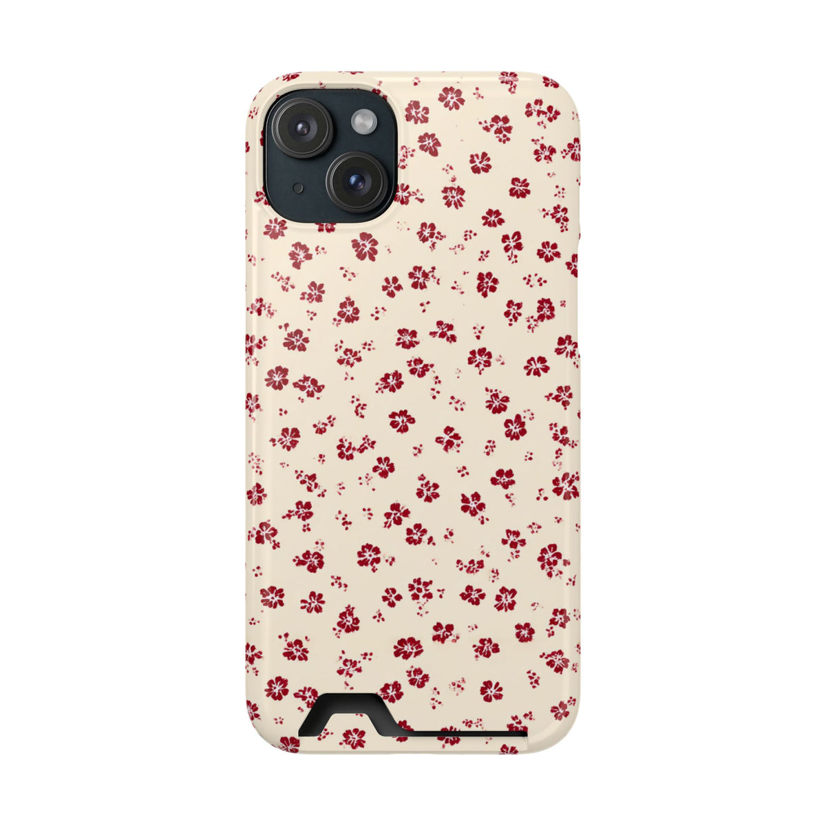 Red Ditsy Floral phone case with card holder for iPhone 15 Plus, glossy finish