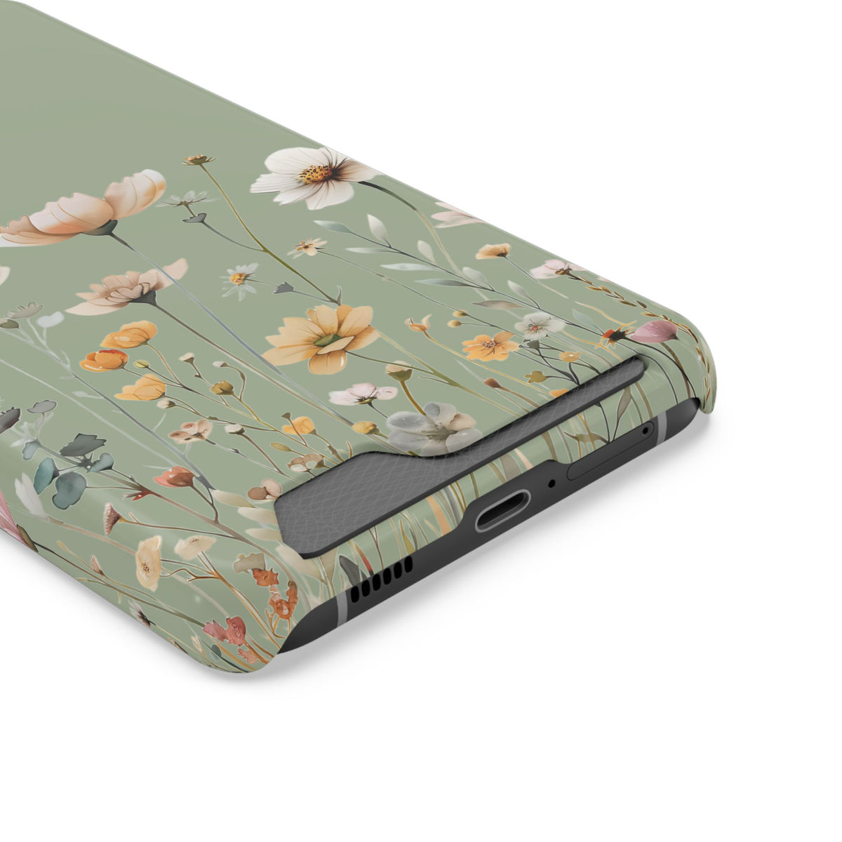 Sage Daisy phone case with card holder, close-up of the card slot