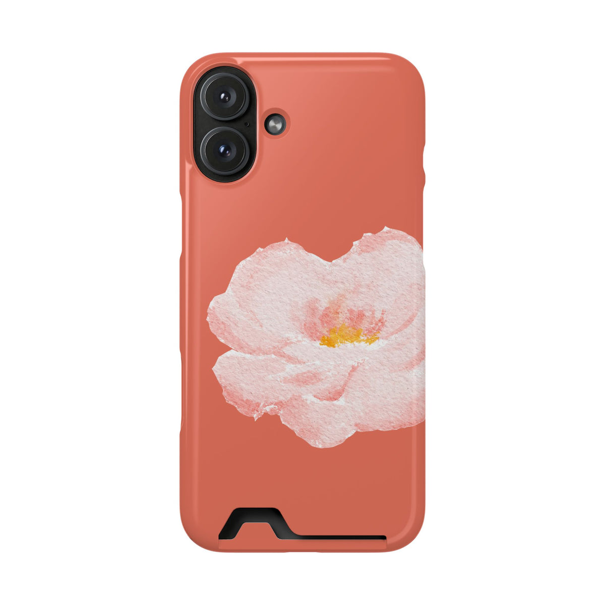 Coral Peony phone case with card holder for iPhone 16 Plus, glossy finish