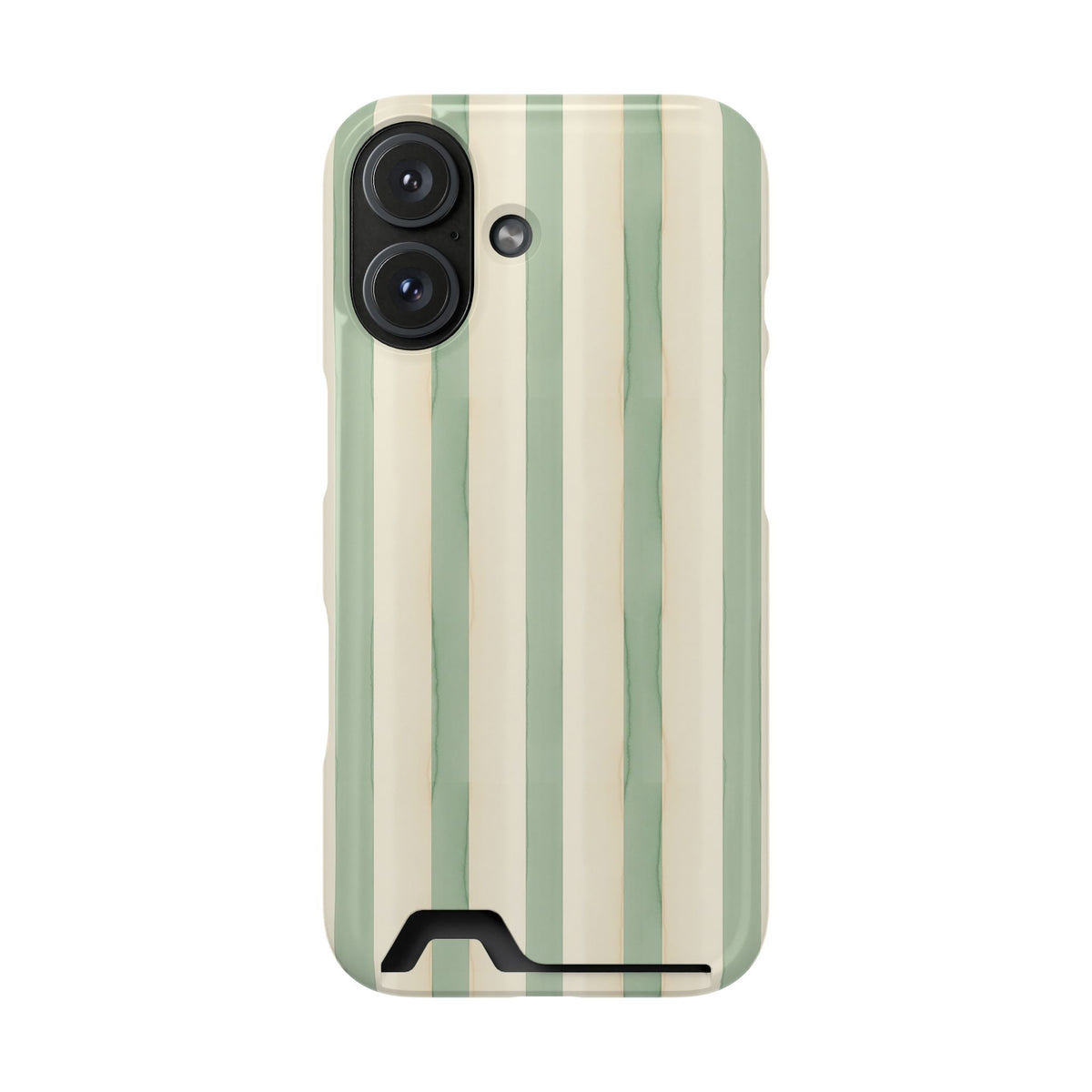 Sage Stripe phone case with card holder for iPhone 16, glossy finish