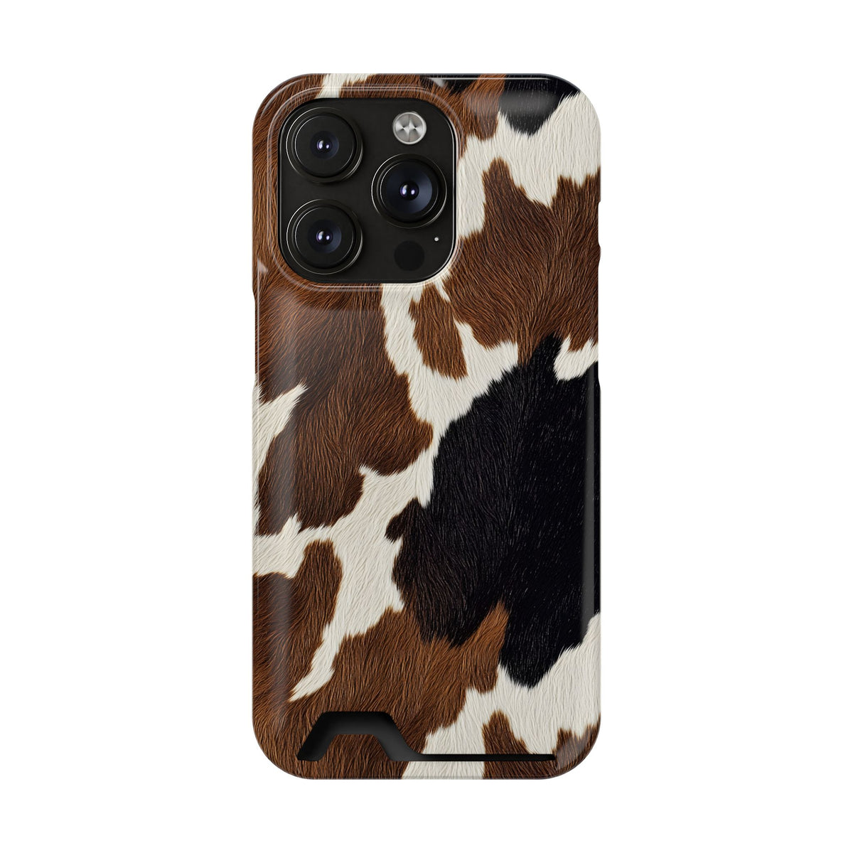 Brown Cow Print phone case with card holder for iPhone 14 Pro, glossy finish