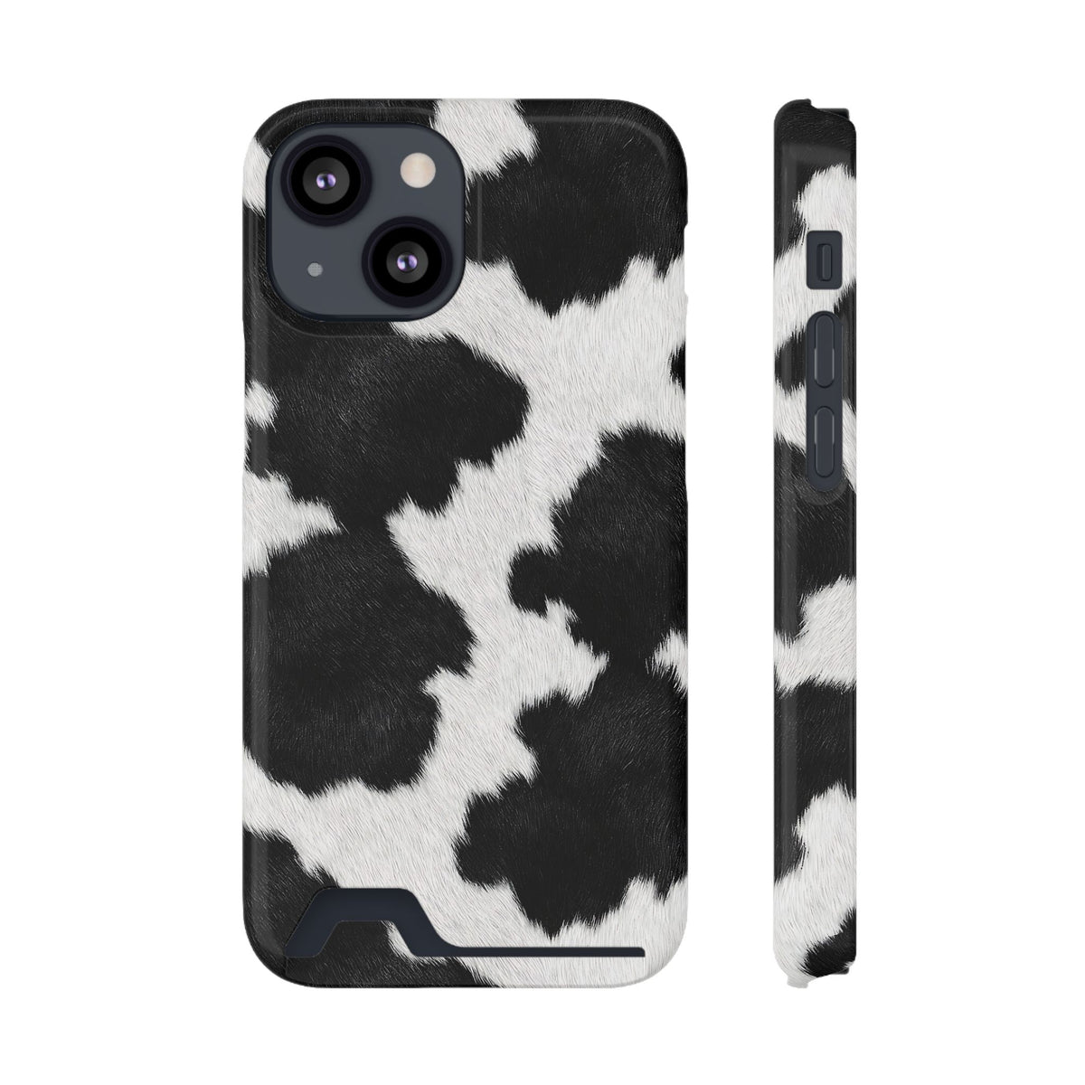Black Cow Print phone case with card holder for iPhone 13 Mini, glossy finish