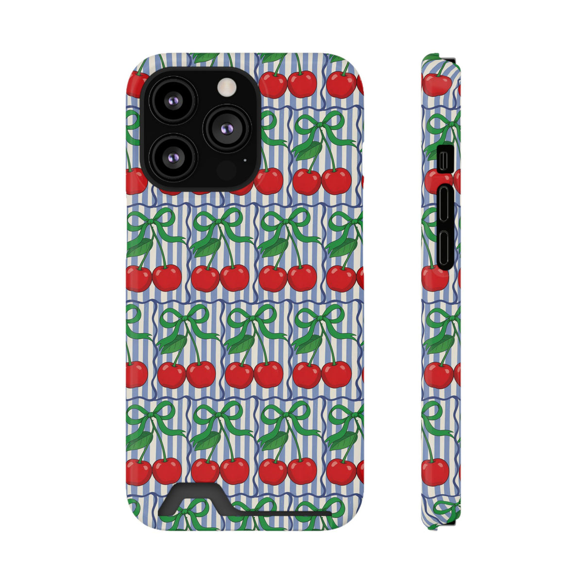 Cherry Bow Stripe phone case with card holder for iPhone 13 Pro, glossy finish