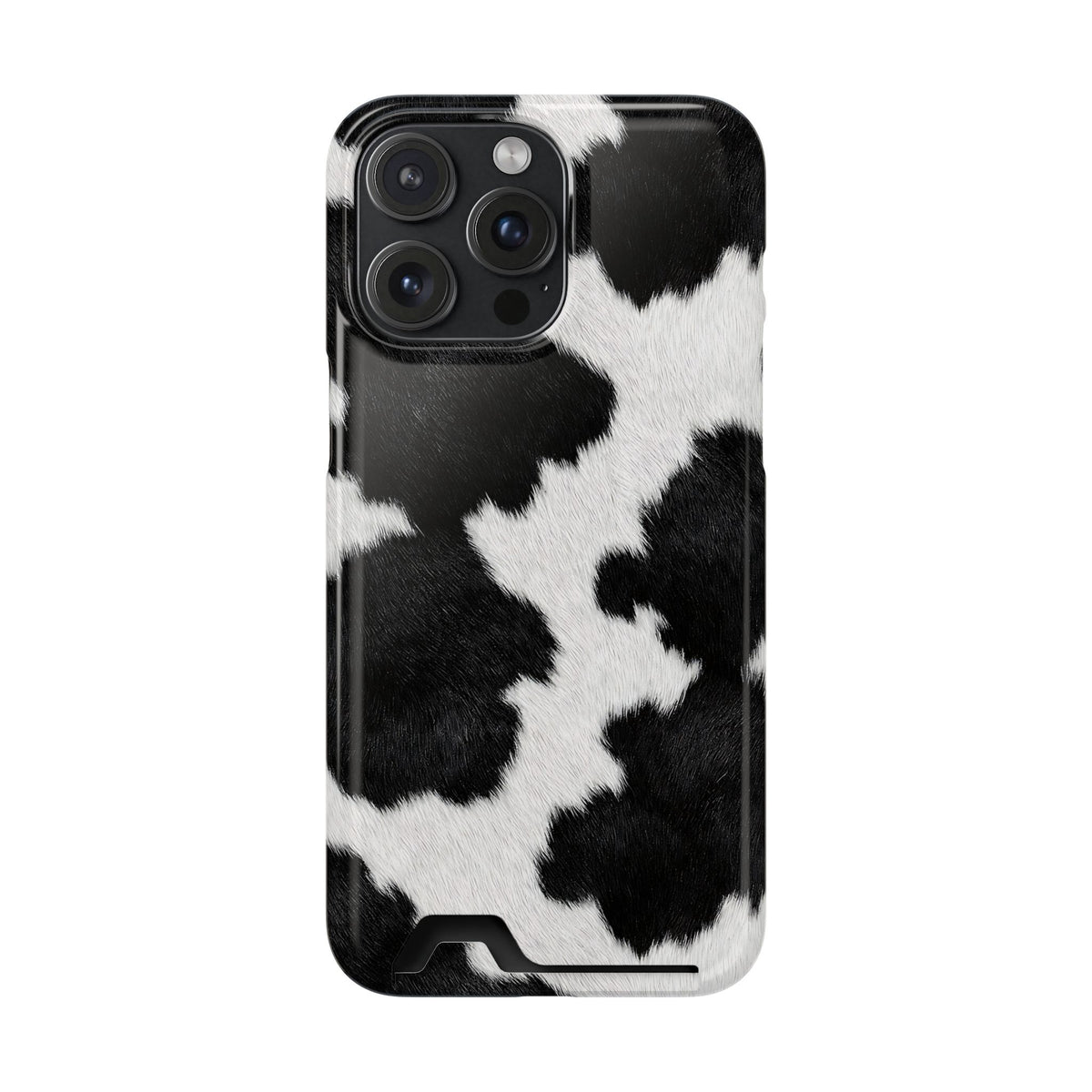 Black Cow Print phone case with card holder for iPhone 15 Pro Max, glossy finish