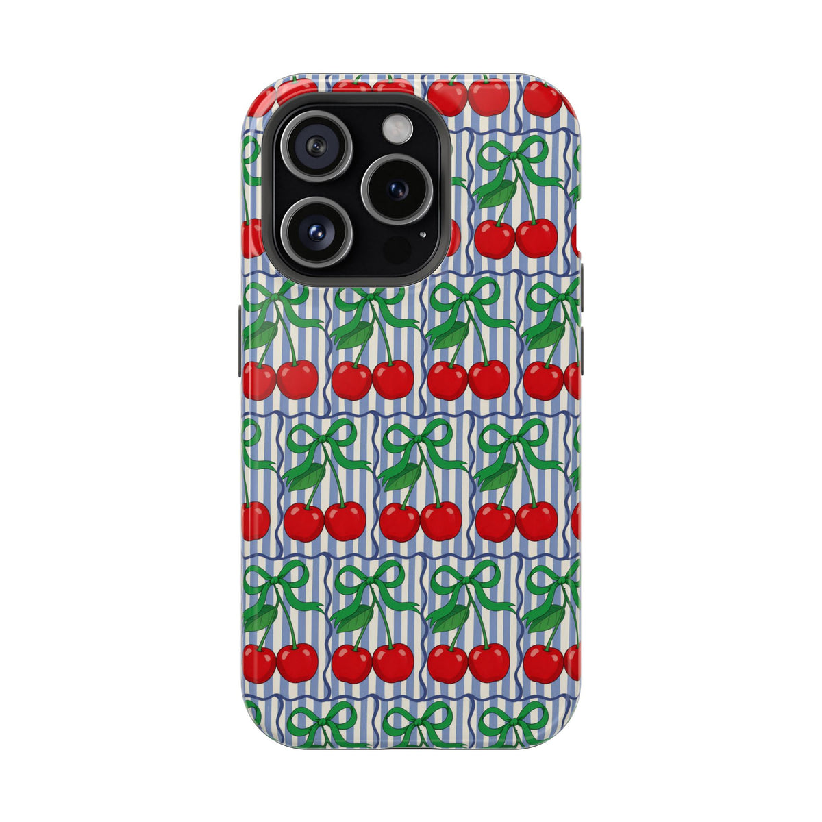 Cherry Bow Stripe MagSafe case for iPhone 15 Pro, glossy finish