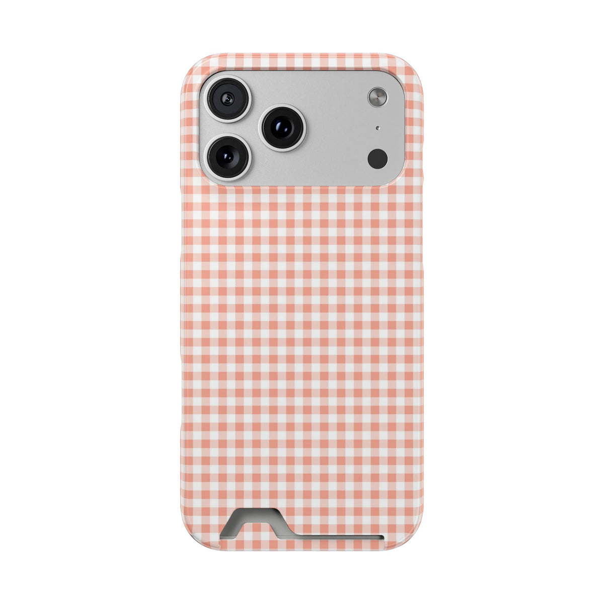 Peach Gingham phone case with card holder for iPhone 17 Pro Max, glossy finish