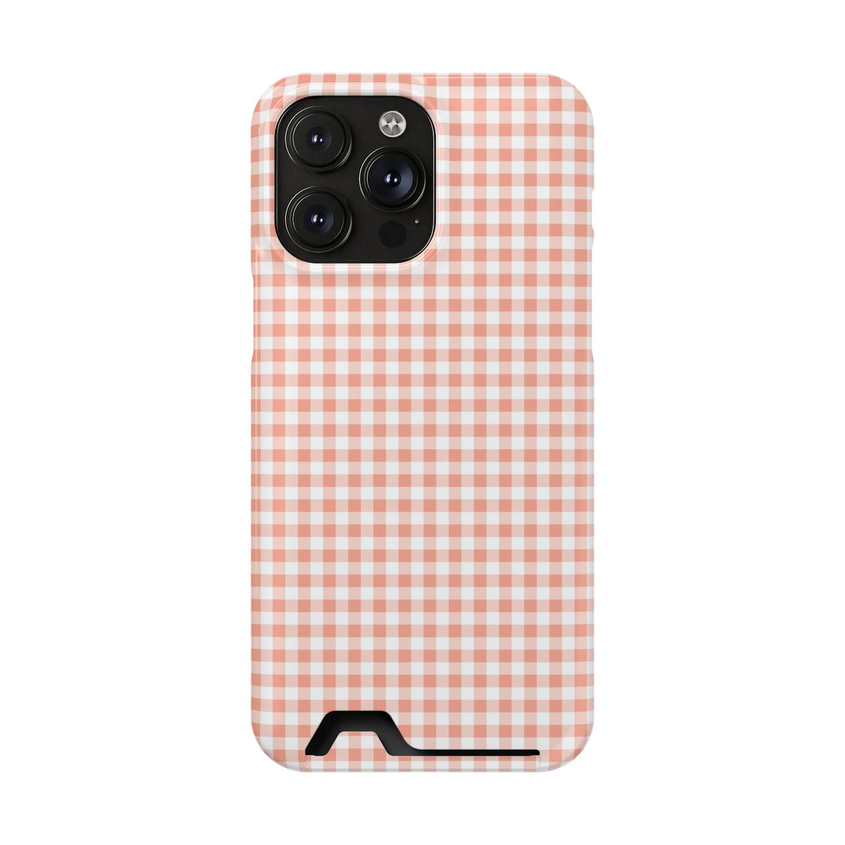Peach Gingham phone case with card holder for iPhone 14 Pro Max, glossy finish