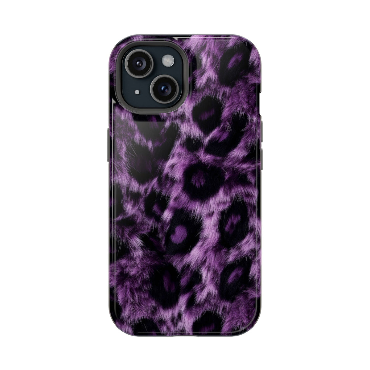 Purple Leopard protective phone case for iPhone 15, glossy finish