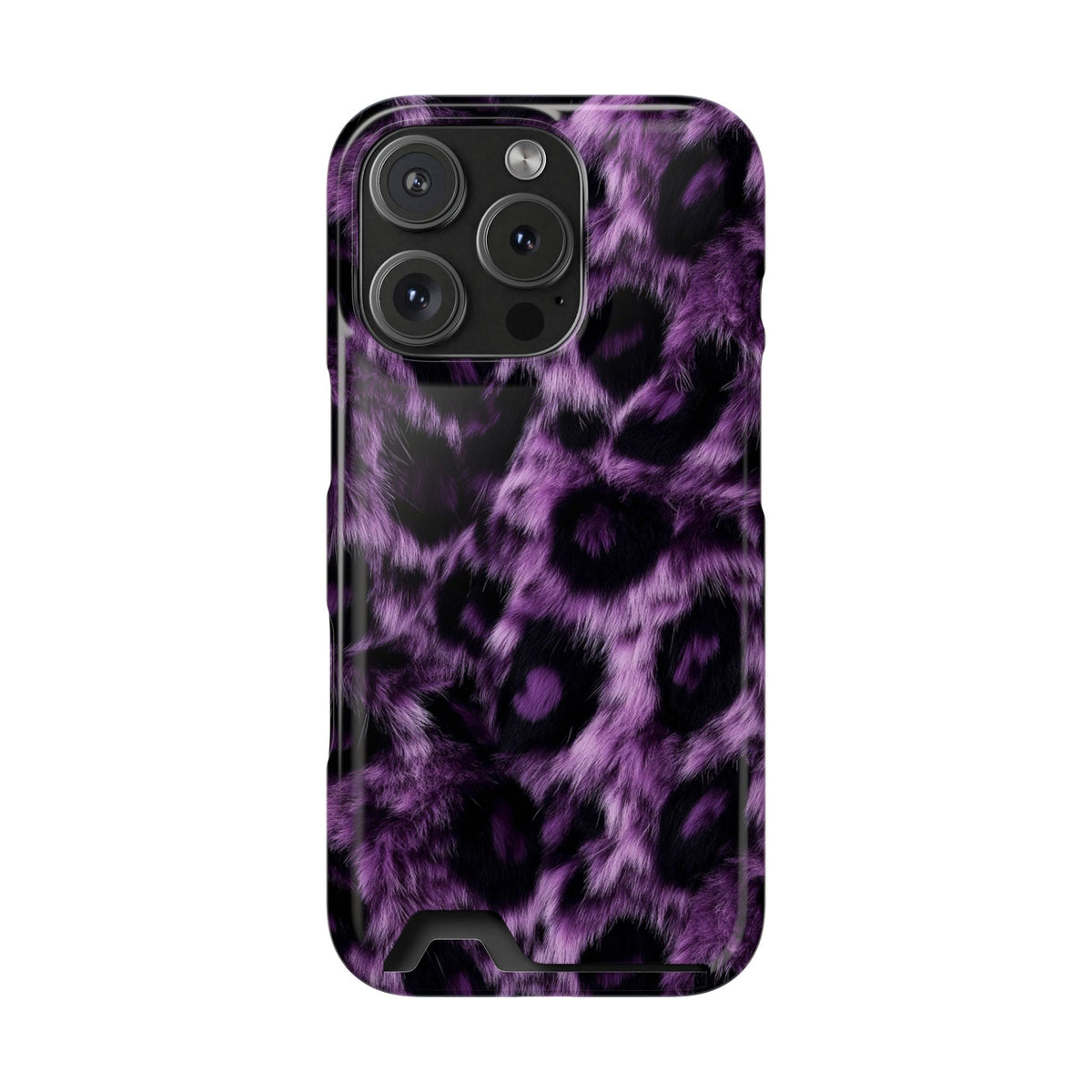 Purple Leopard phone case with card holder for iPhone 16 Pro, glossy finish