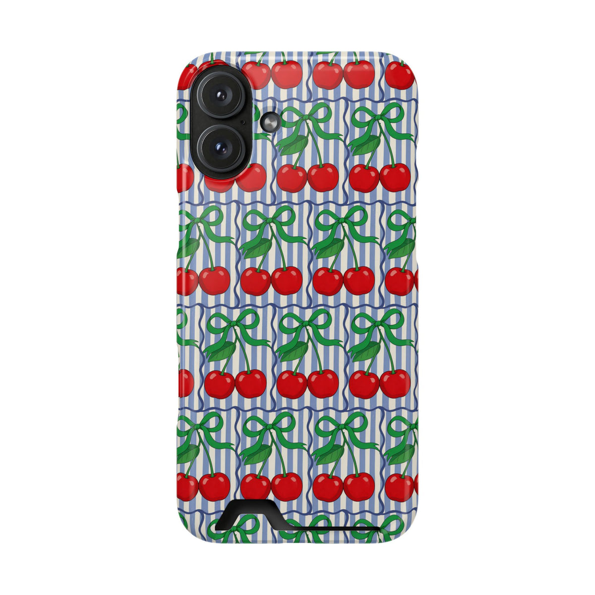 Cherry Bow Stripe phone case with card holder for iPhone 16 Plus, glossy finish