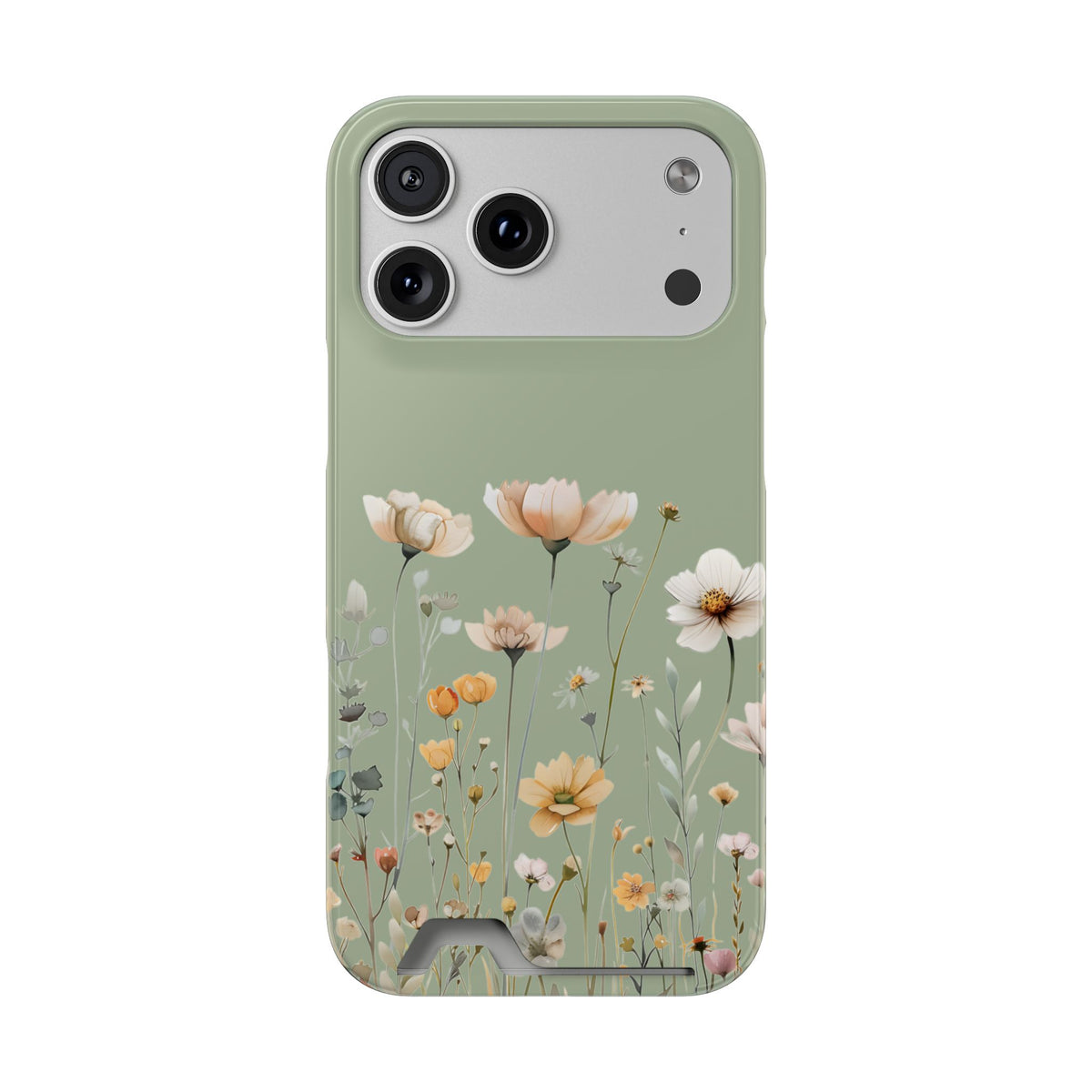 Sage Daisy phone case with card holder for iPhone 17 Pro Max, glossy finish