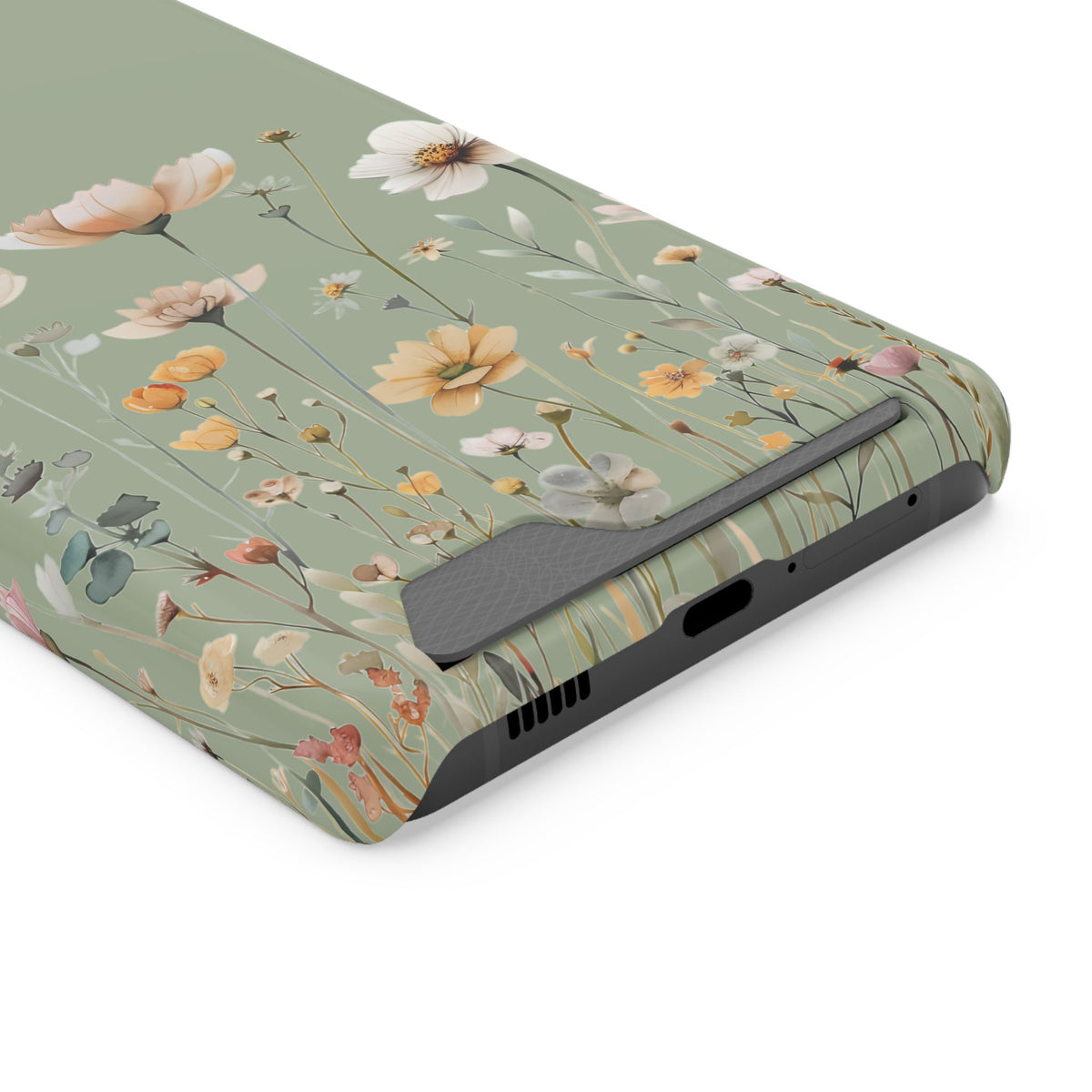 Sage Daisy phone case with card holder for Samsung Galaxy S21 Ultra, glossy finish