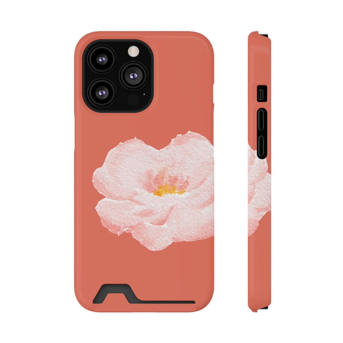 Coral Peony phone case with card holder for iPhone 13 Pro, glossy finish