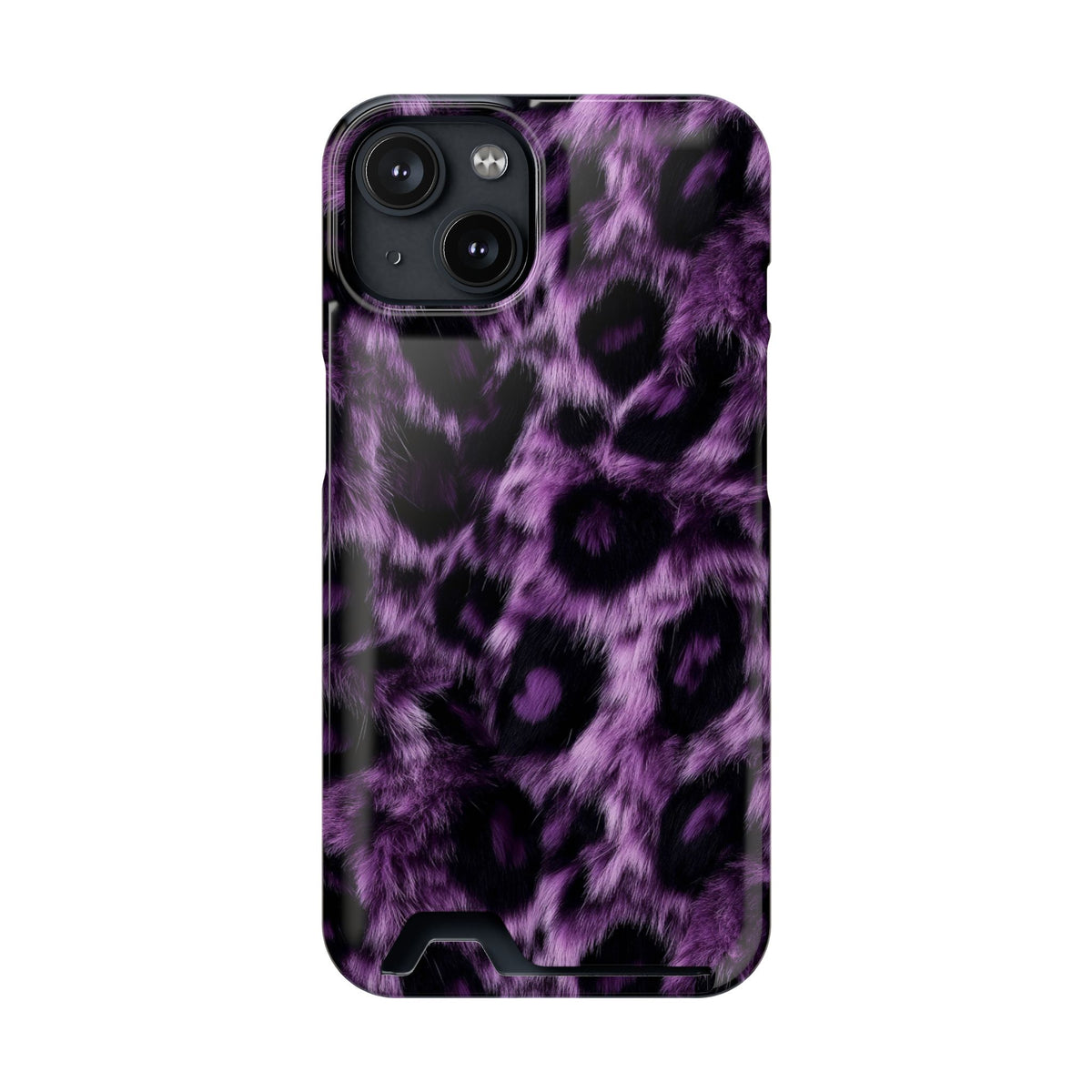 Purple Leopard phone case with card holder for iPhone 14, glossy finish