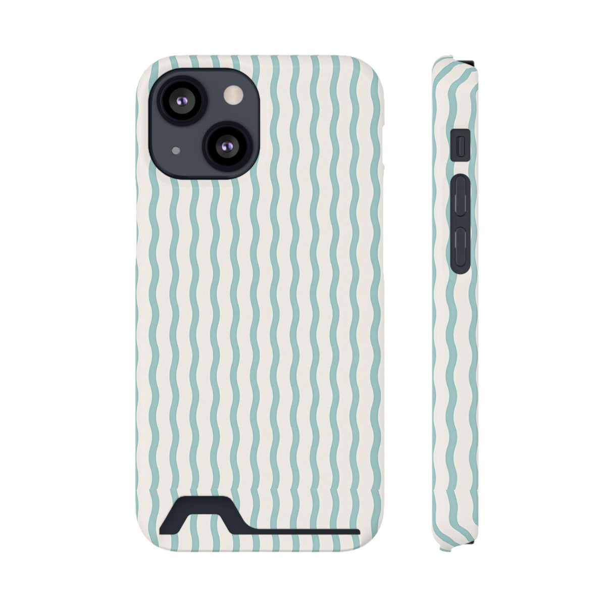 Mint Wave Stripe phone case with card holder for iPhone 13 Mini, glossy finish