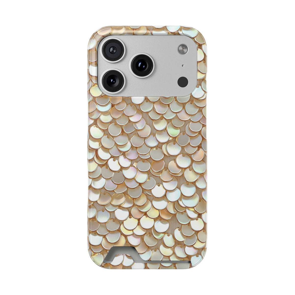 Champagne Sequin phone case with card holder for iPhone 17 Pro, glossy finish