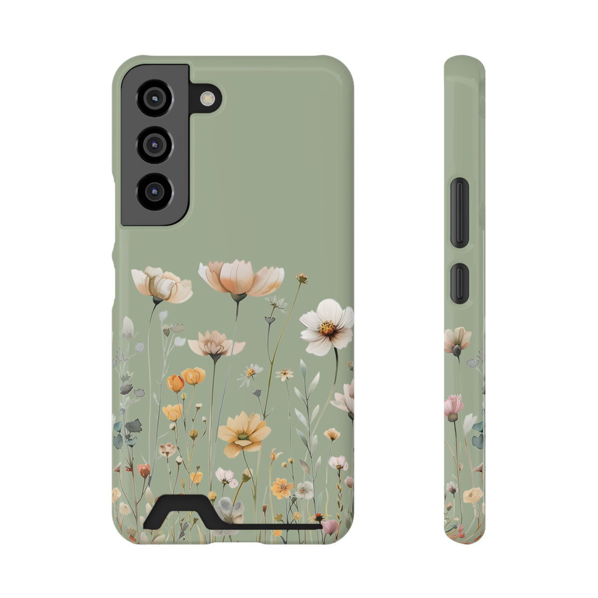 Sage Daisy phone case with card holder for Samsung Galaxy S22, glossy finish