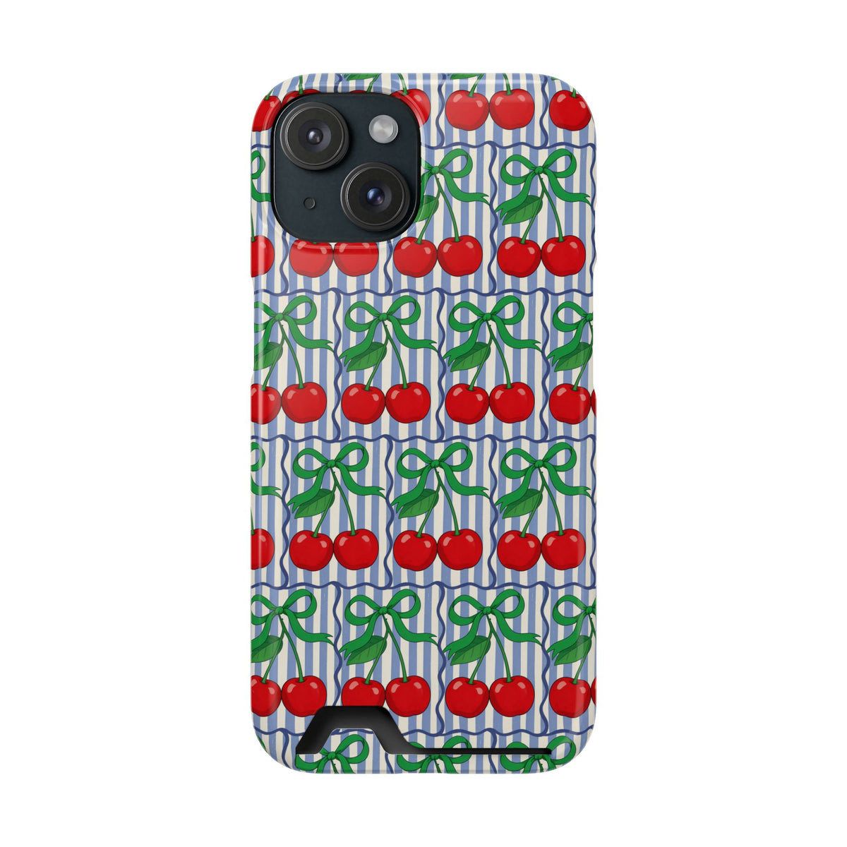 Cherry Bow Stripe phone case with card holder for iPhone 15, glossy finish