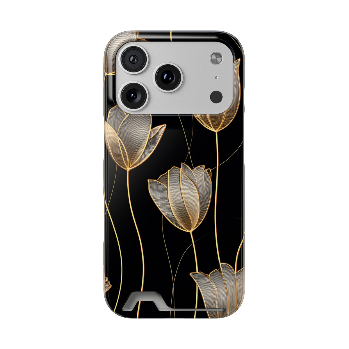 Golden Tulip phone case with card holder for iPhone 17 Pro, glossy finish