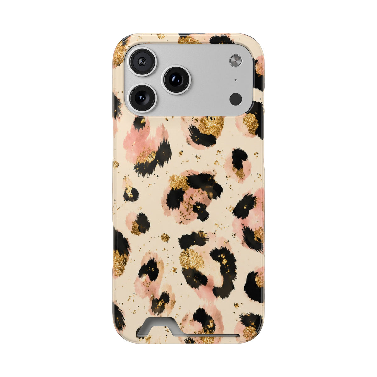 Golden Leopard phone case with card holder for iPhone 17 Pro Max, glossy finish