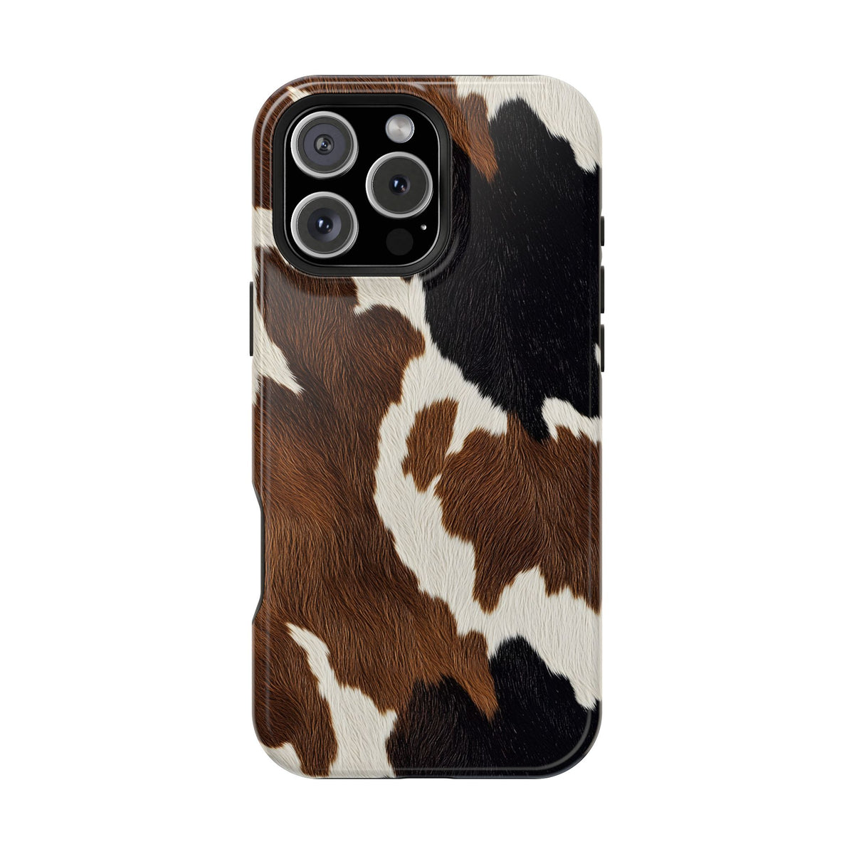 Brown Cow Print protective phone case for iPhone 16 Pro Max, glossy finish