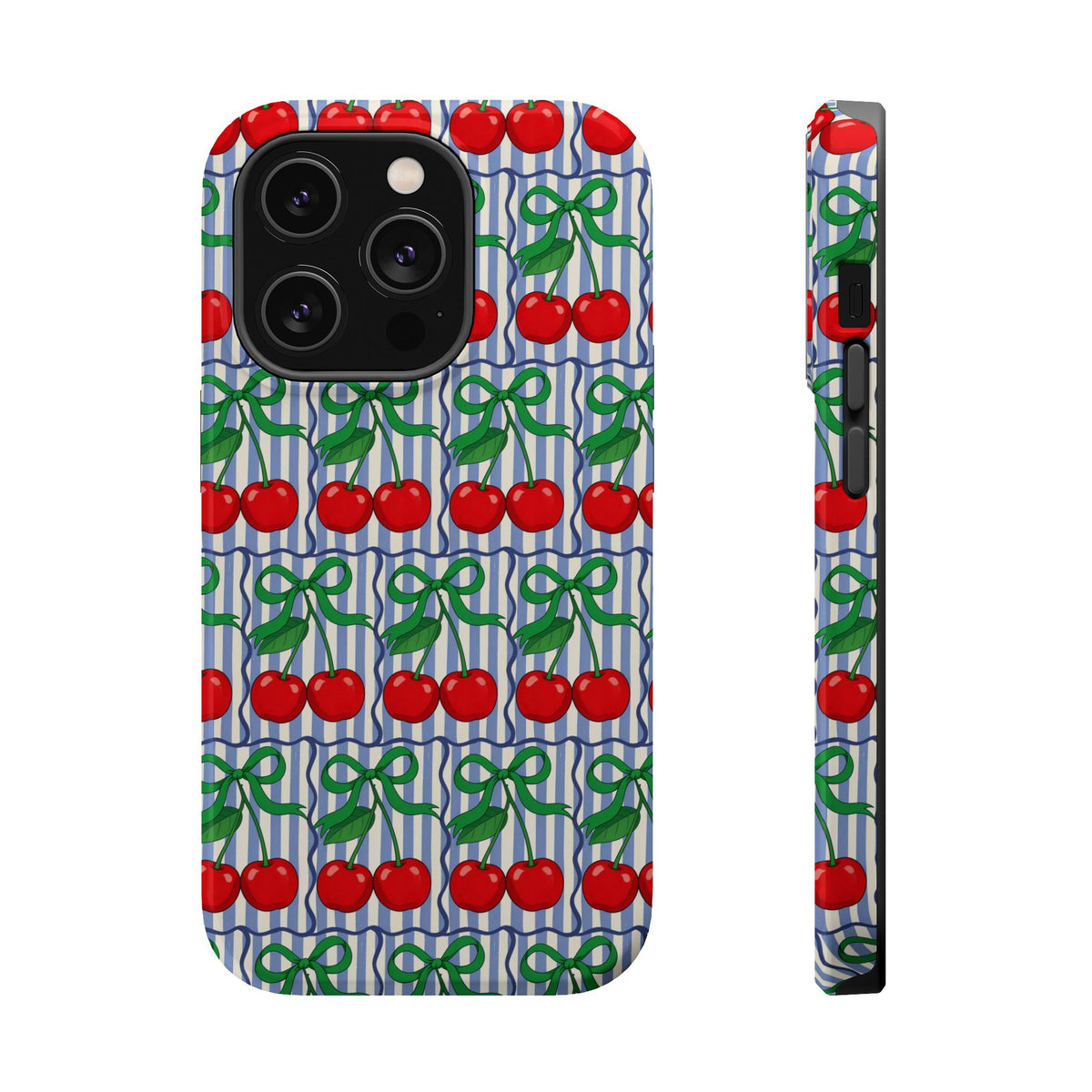 Cherry Bow Stripe MagSafe case for iPhone 14 Pro, glossy finish