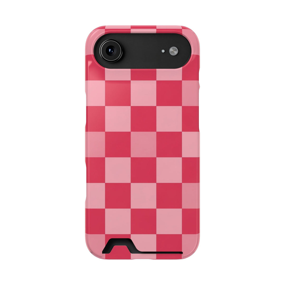 Pink Checkerboard phone case with card holder for iPhone 17 Air, glossy finish