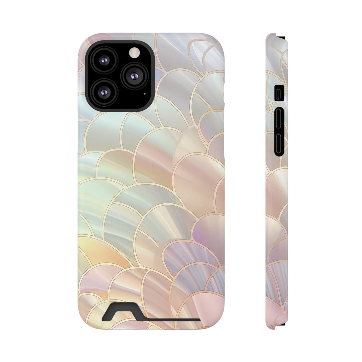 Pearl Scale phone case with card holder for iPhone 13 Pro Max, glossy finish