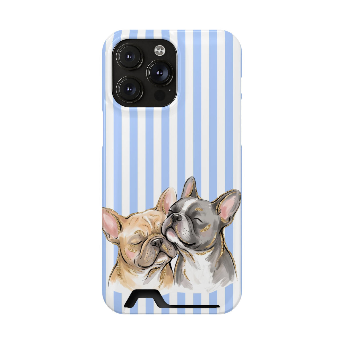 Frenchie Stripe phone case with card holder for iPhone 14 Pro Max, glossy finish