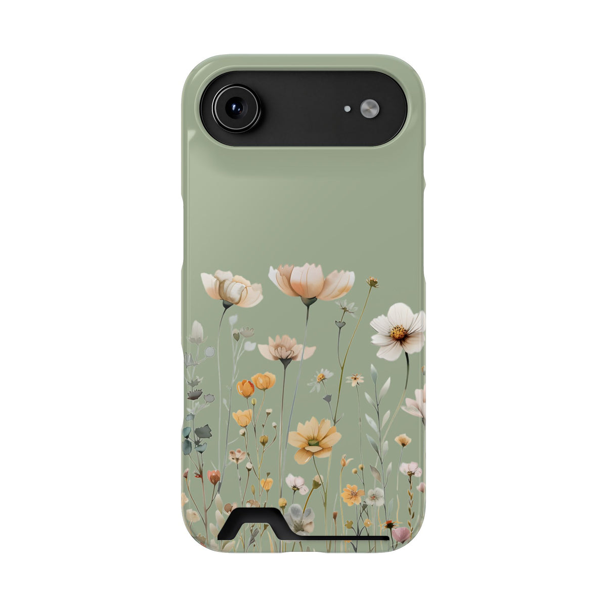 Sage Daisy phone case with card holder for iPhone 17 Air, glossy finish
