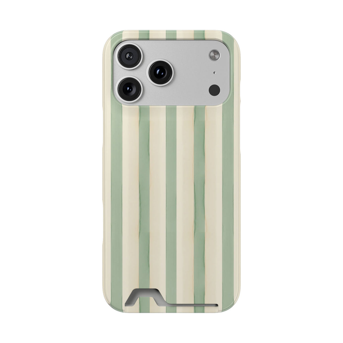 Sage Stripe phone case with card holder for iPhone 17 Pro Max, glossy finish