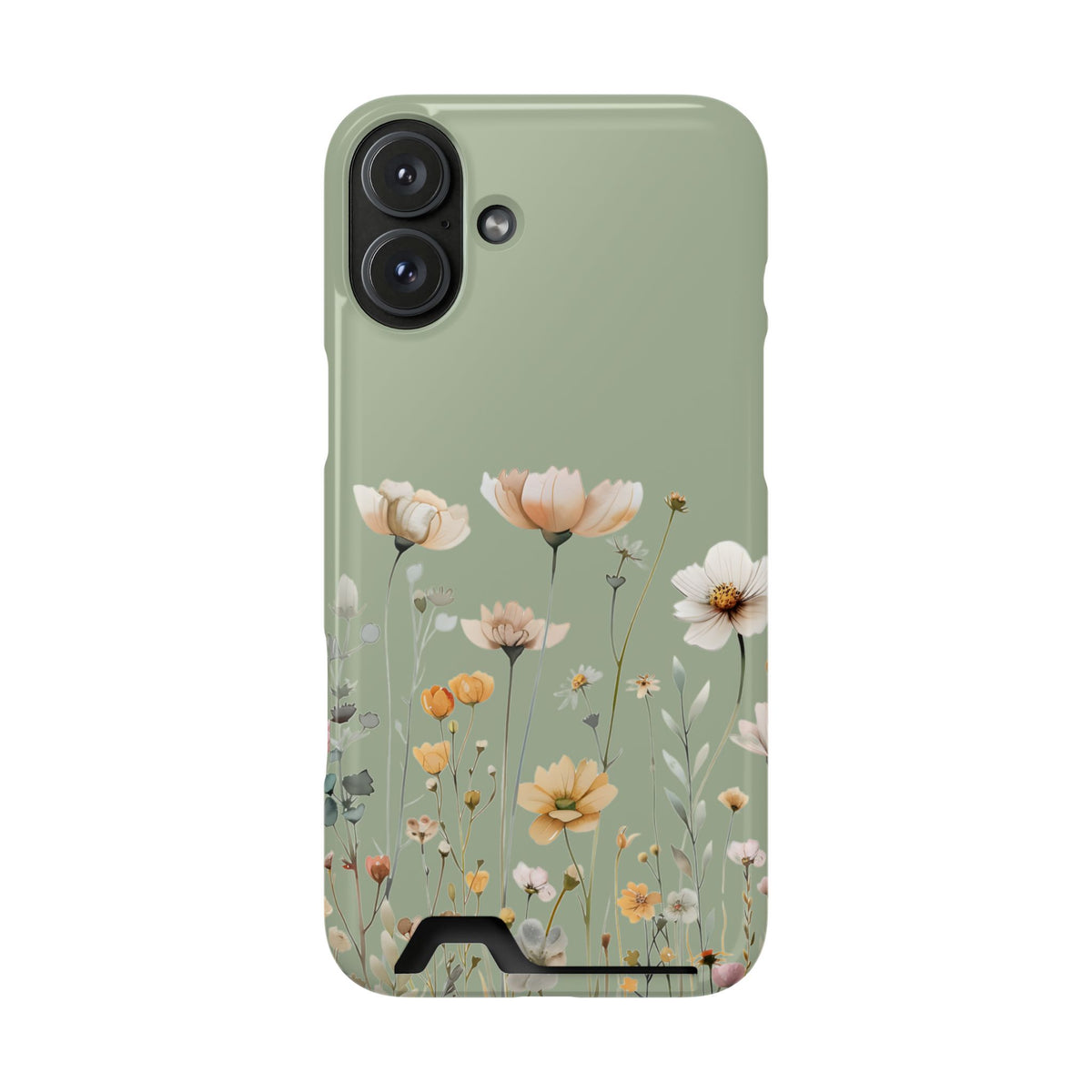 Sage Daisy phone case with card holder for iPhone 16 Plus, glossy finish