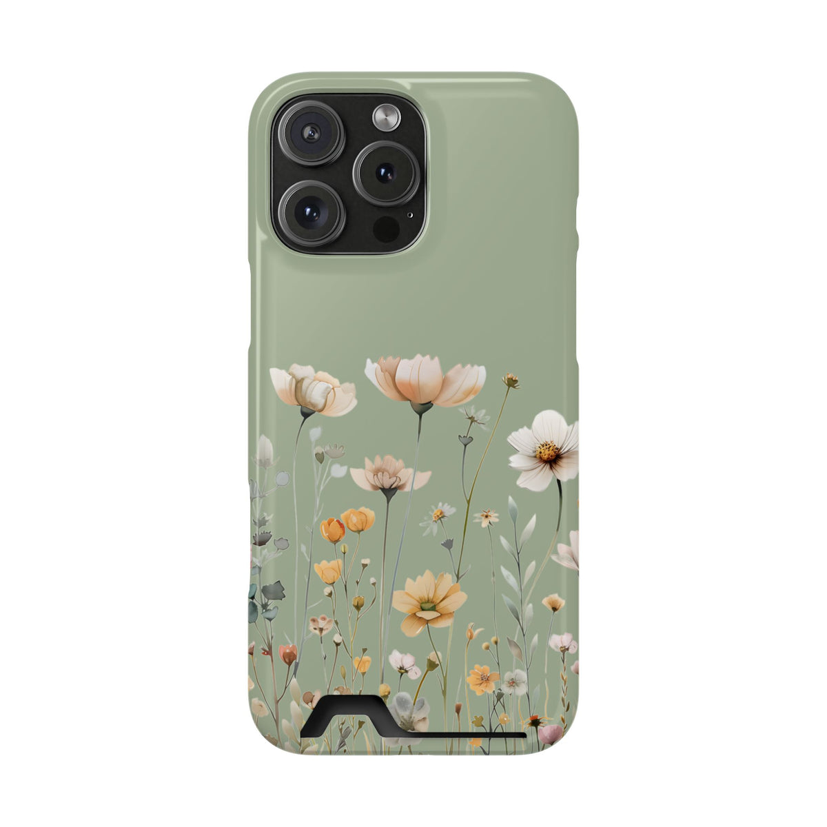 Sage Daisy phone case with card holder for iPhone 16 Pro Max, glossy finish