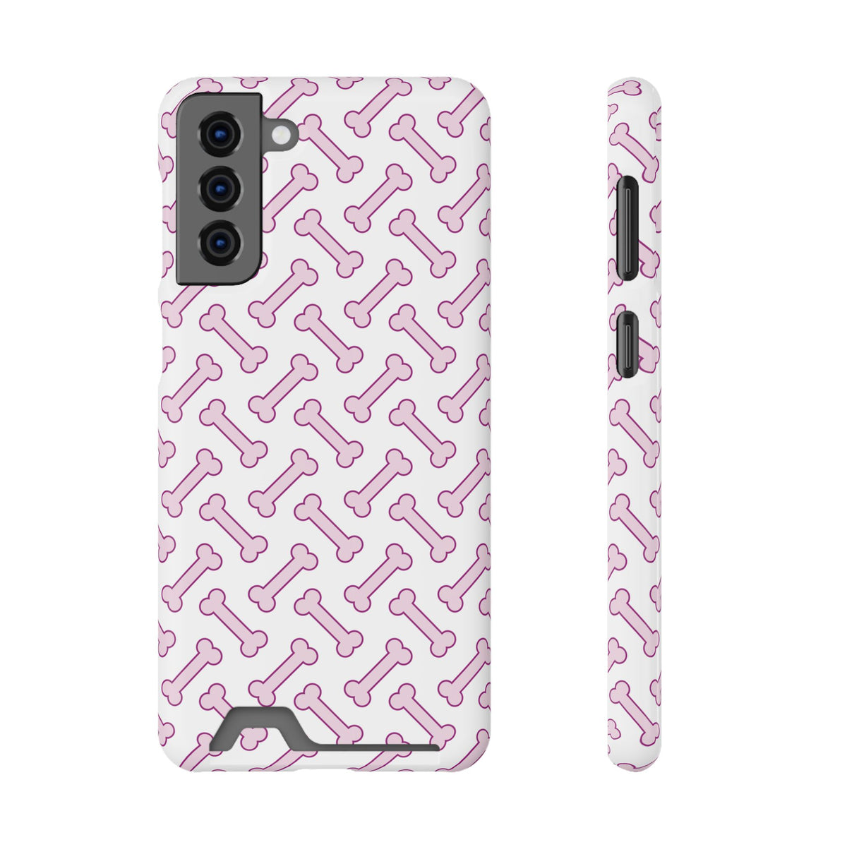 Pink Dog Bone phone case with card holder for Samsung Galaxy S21 Plus, glossy finish
