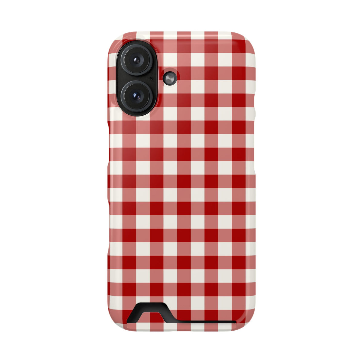 Red Gingham phone case with card holder for iPhone 16, glossy finish