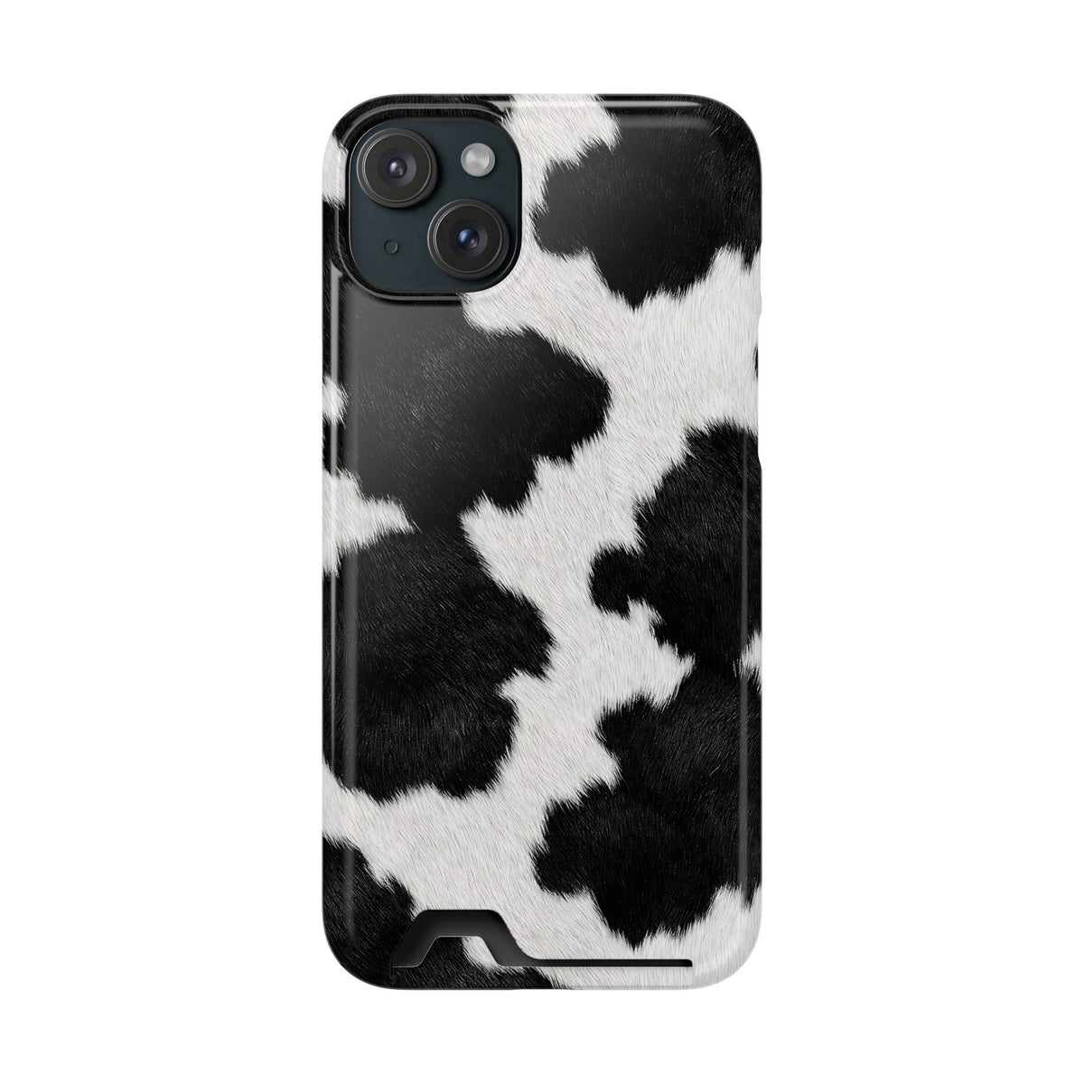 Black Cow Print phone case with card holder for iPhone 15 Plus, glossy finish