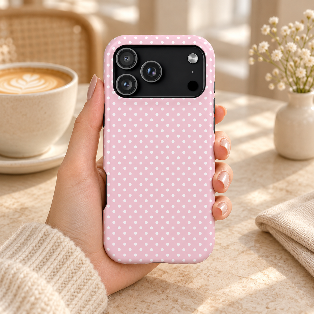 Micro Dot phone case, tiny white dots on soft pink, lifestyle photo in hand with coffee