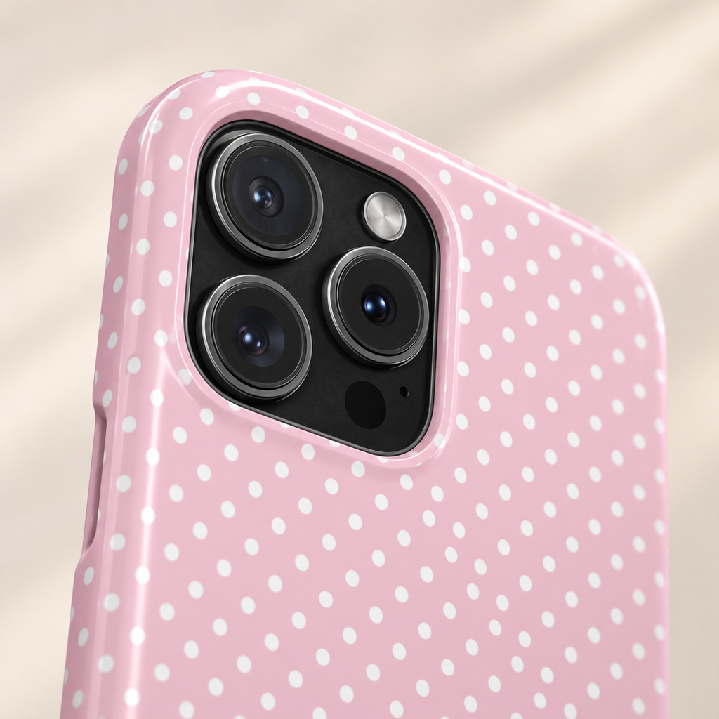 Micro Dot phone case, tiny white dots on soft pink, lifestyle close-up of the camera