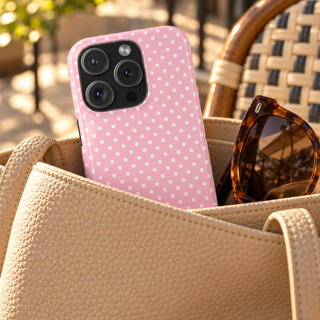 Micro Dot phone case, tiny white dots on soft pink, lifestyle photo in a handbag