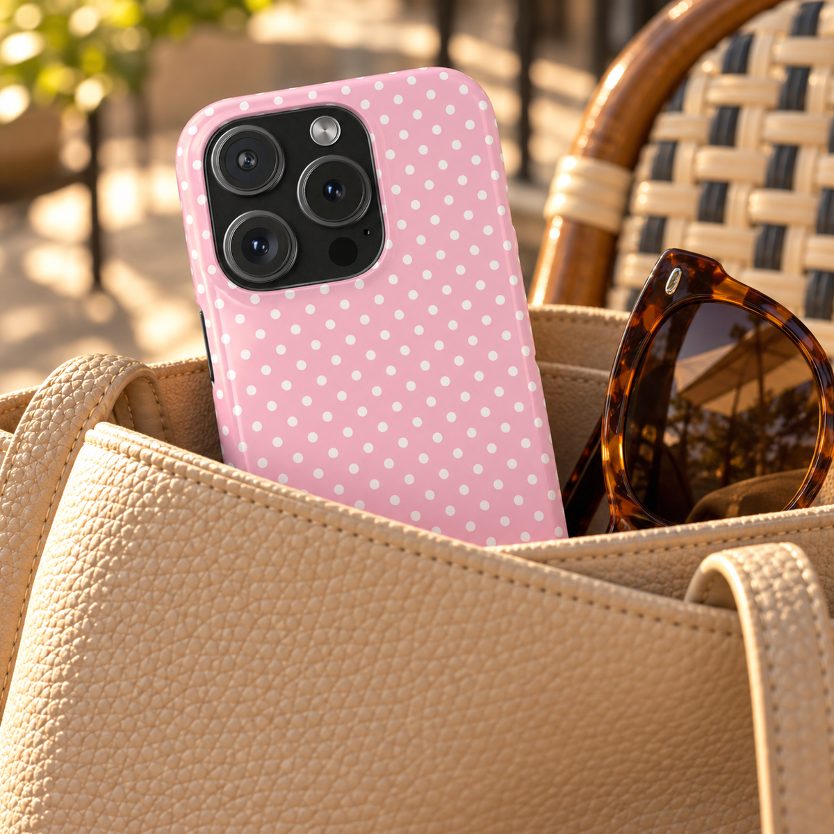 Micro Dot phone case, tiny white dots on soft pink, lifestyle photo in a handbag