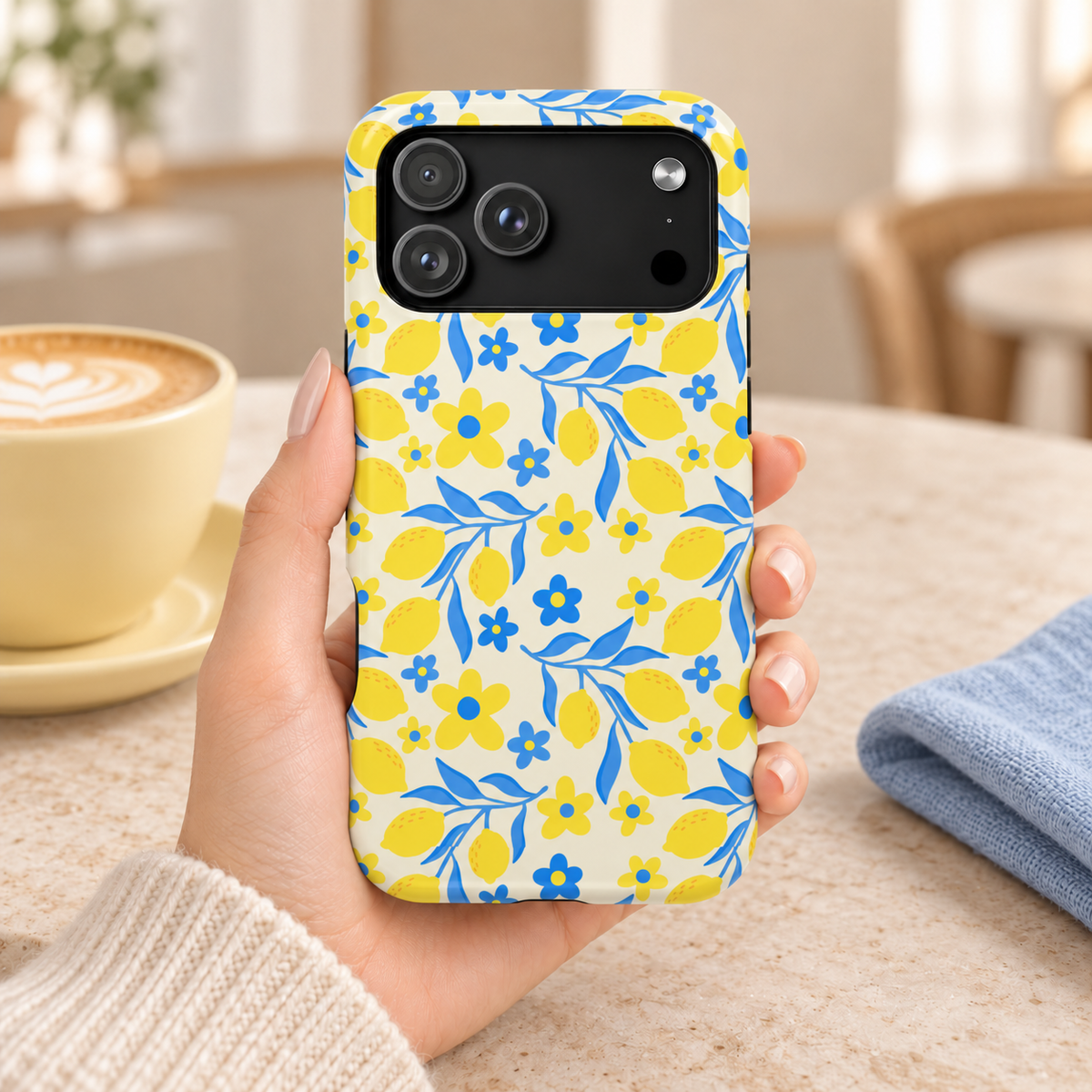 Amalfi Lemon protective phone case, yellow lemons and blue leaves on white, lifestyle photo in hand with coffee