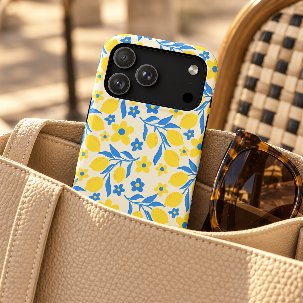 Amalfi Lemon MagSafe case, yellow lemons and blue leaves on white, lifestyle photo in a handbag